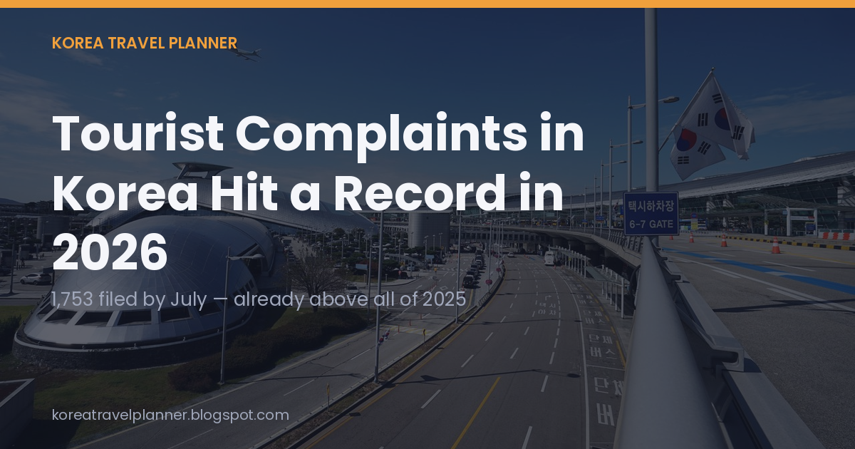 Photo-backed title card reading Tourist Complaints in Korea Hit a Record in 2026, 1,753 filed by July — already above all of 2025, set over an aerial shot of Incheon International Airport's taxi drop-off lanes
