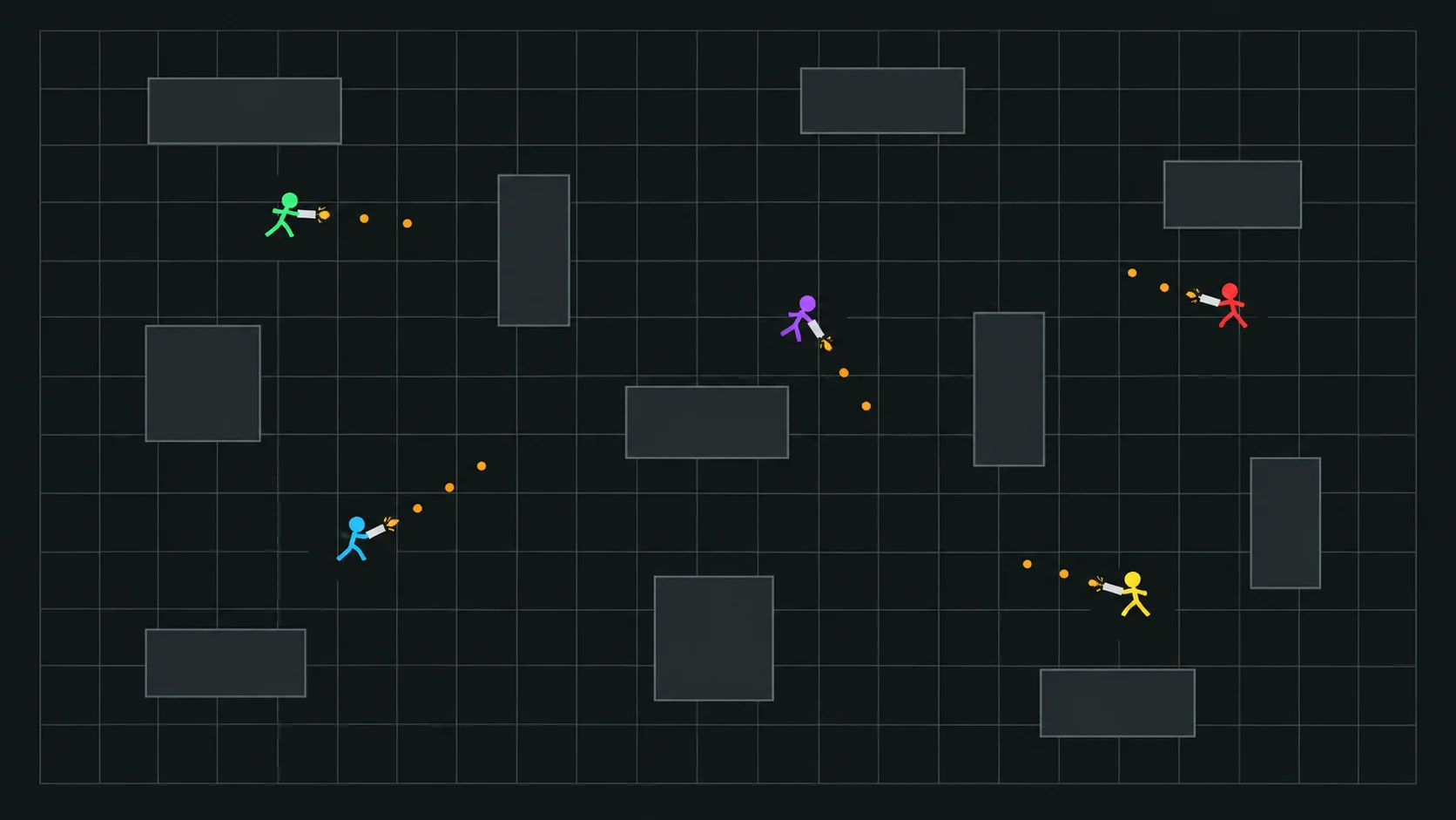 Top-down $GUN arena with stick figures, obstacles, and projectiles