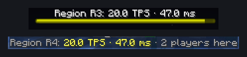 Boss bar and tab-list footer showing the TPS and MSPT of the player's region