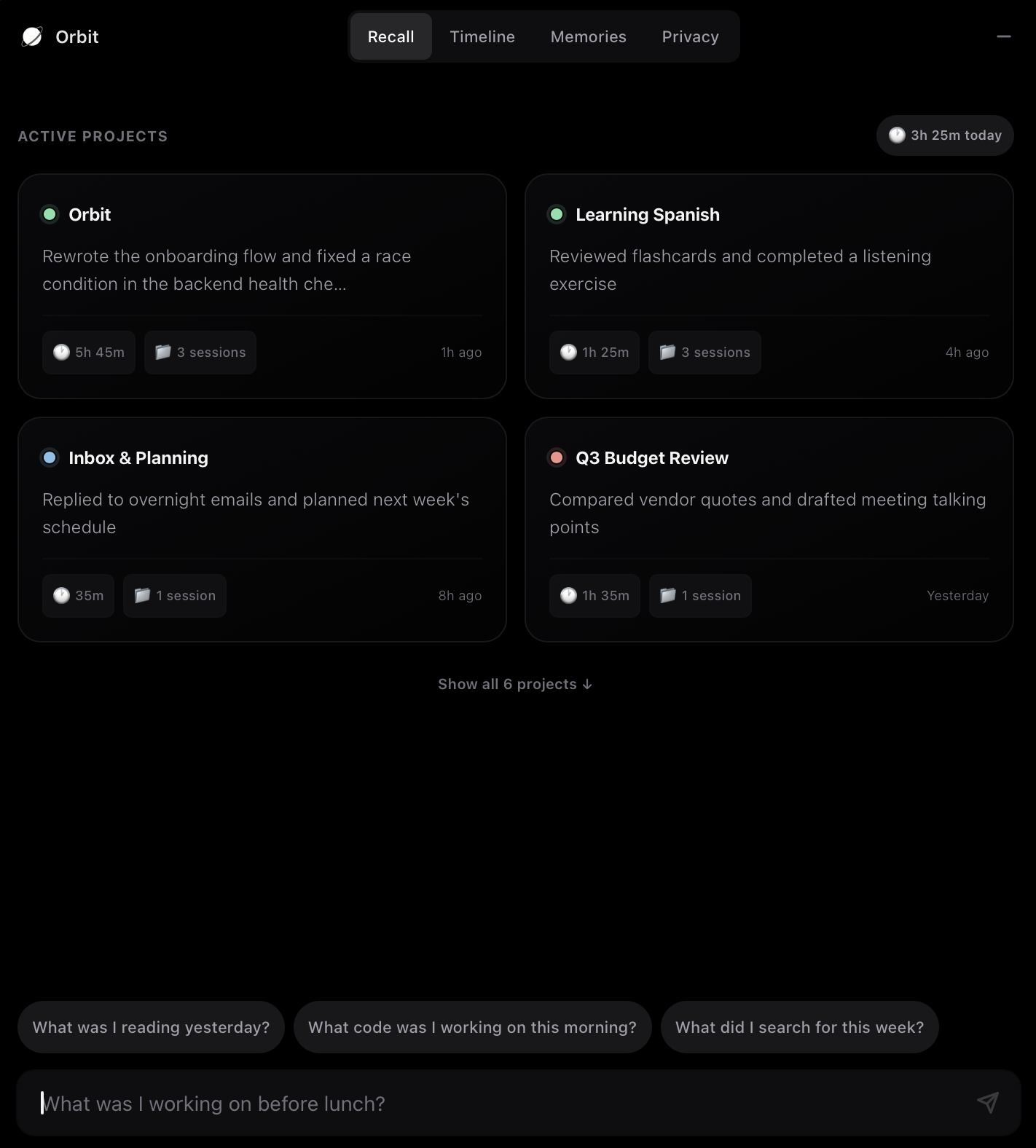Orbit's Recall tab: project cards for in-progress work, each with a short summary and time spent