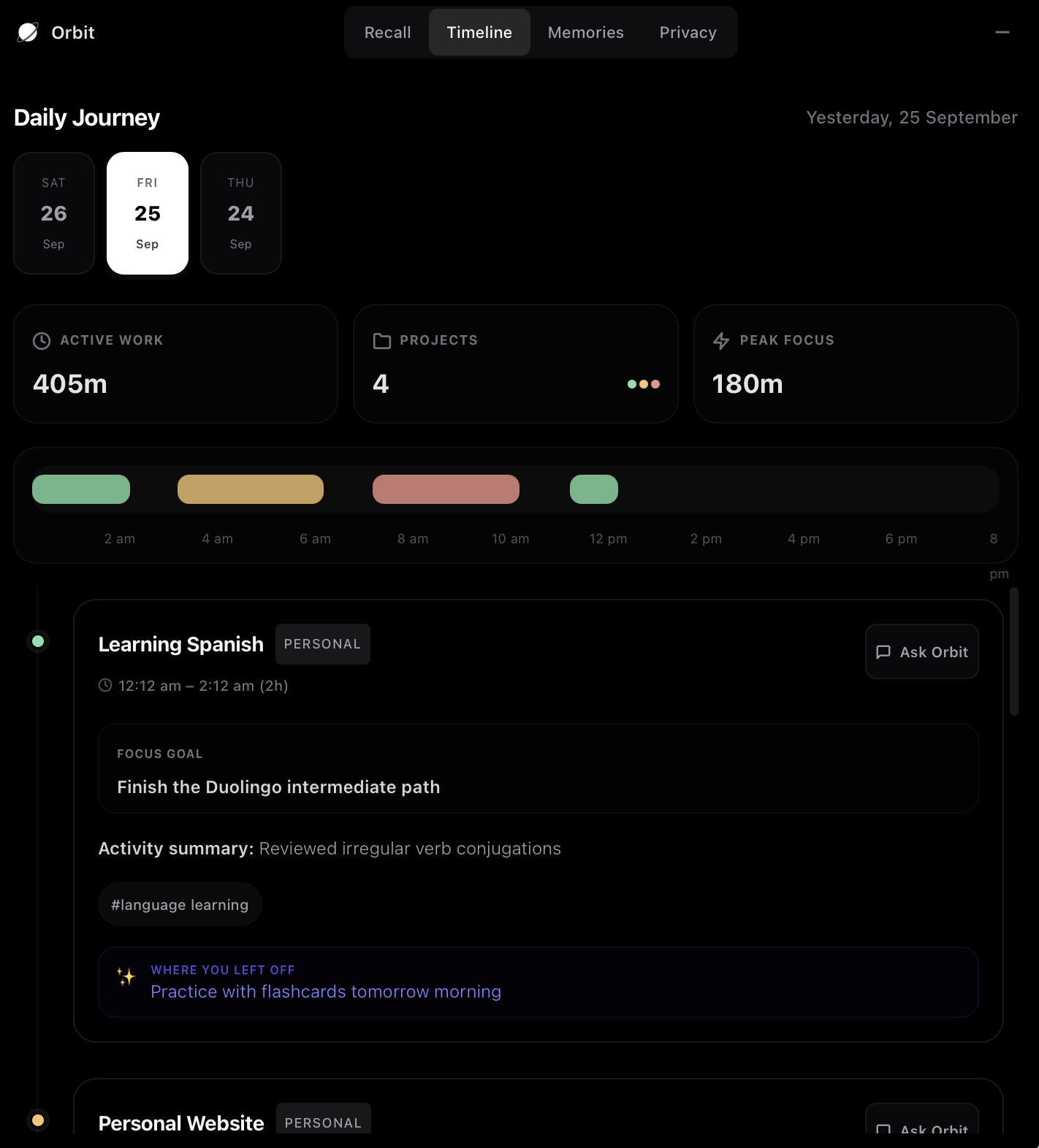 Orbit's Timeline tab: a day's work sessions, one expanded to show its goal and where you left off