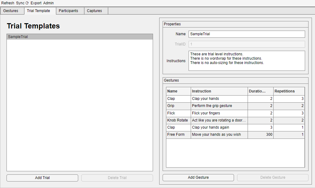 Screenshot of the trial template tab