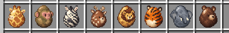 The eight spawn eggs in an inventory row: giraffe, macaque, zebra, deer, lion, tiger, elephant, bear