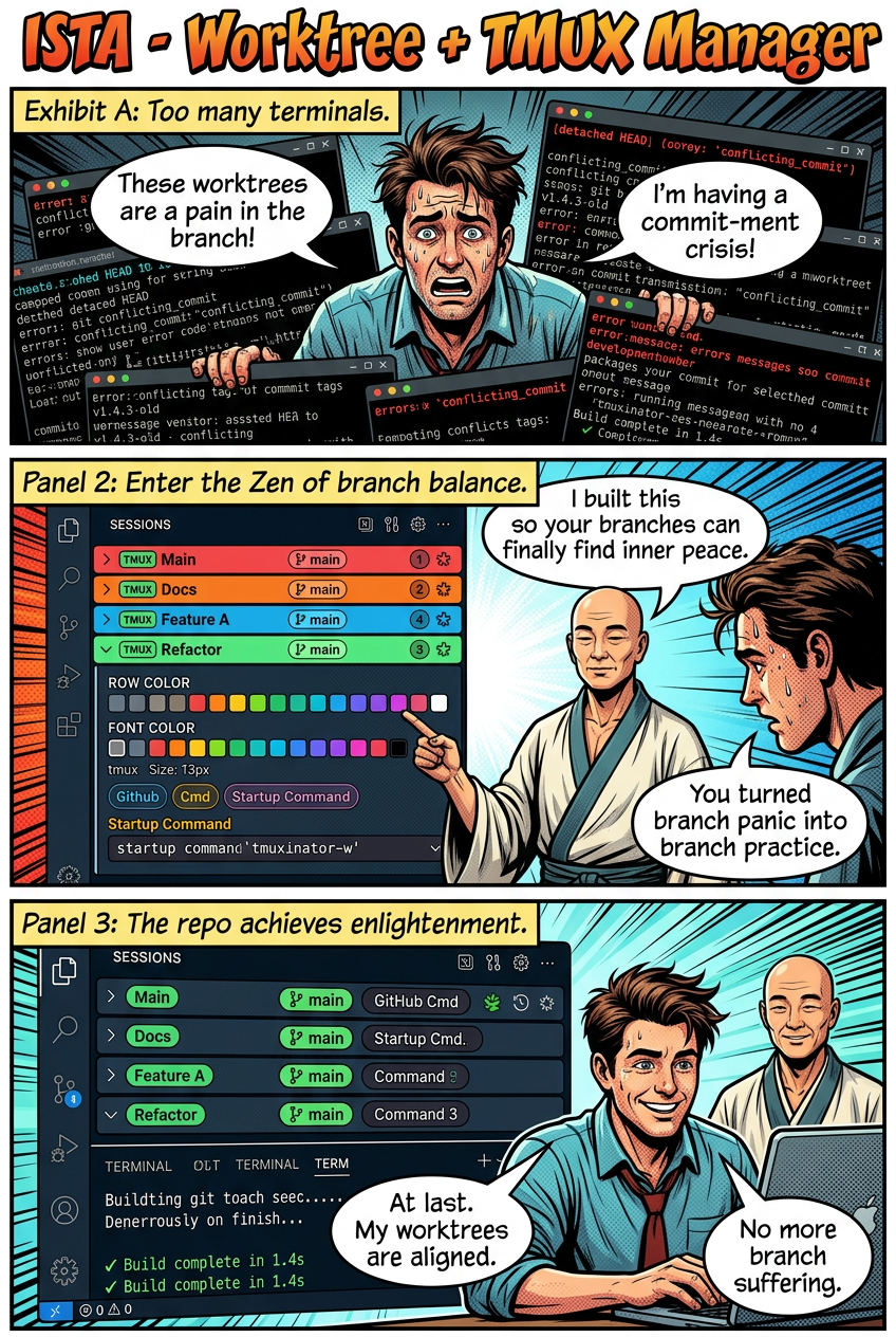Three-panel comic: one stressed coder is rescued from worktree chaos by a Zen coder using ISTA - Worktree + TMUX Manager.