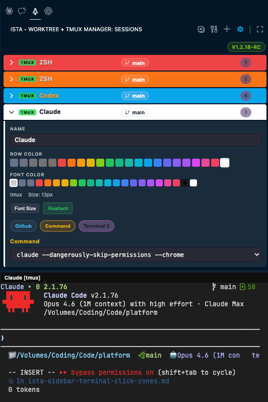 ISTA - Worktree + TMUX Manager running in the VS Code secondary sidebar.