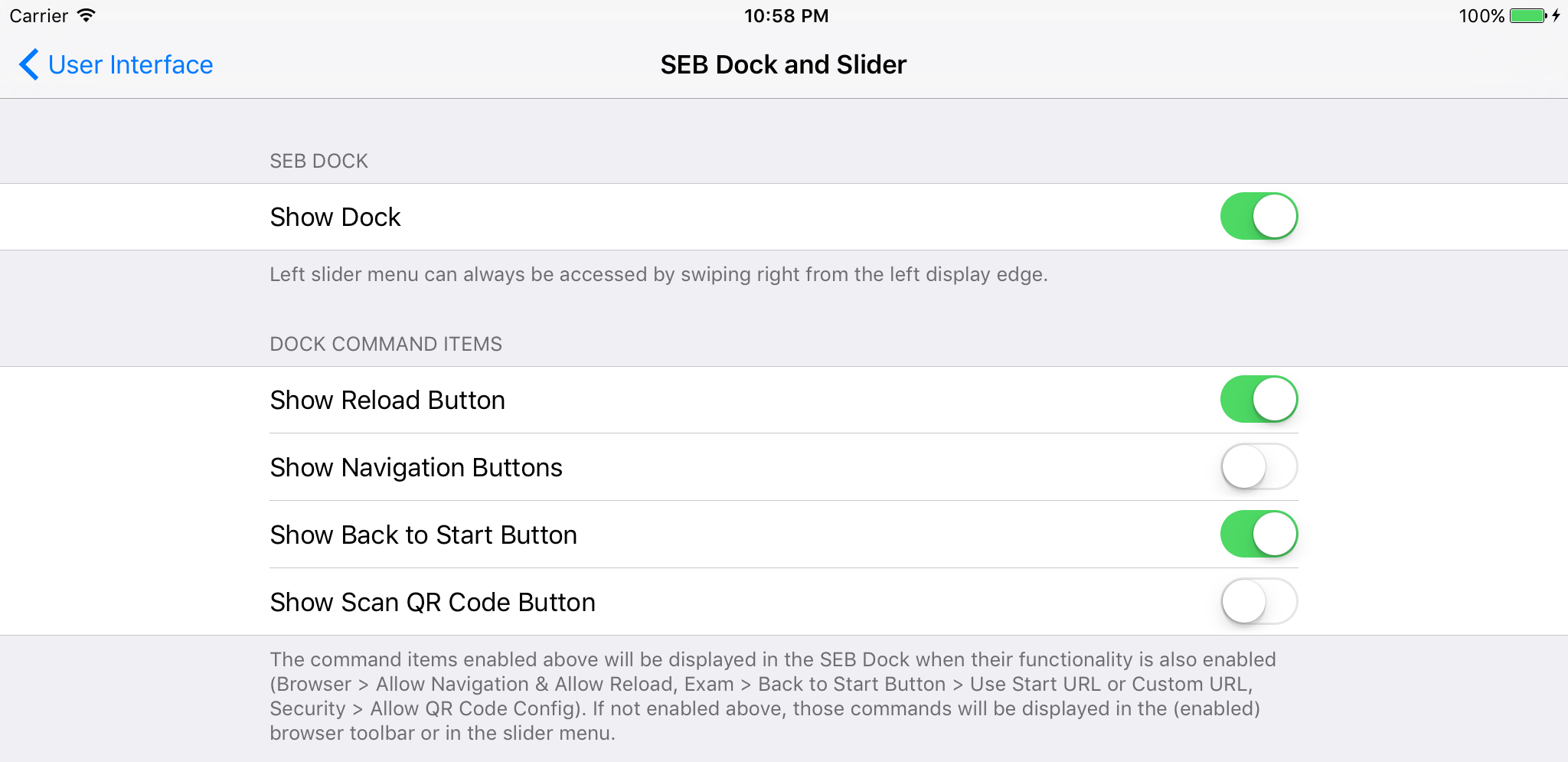 SEB Settings for SEB Dock and Slider