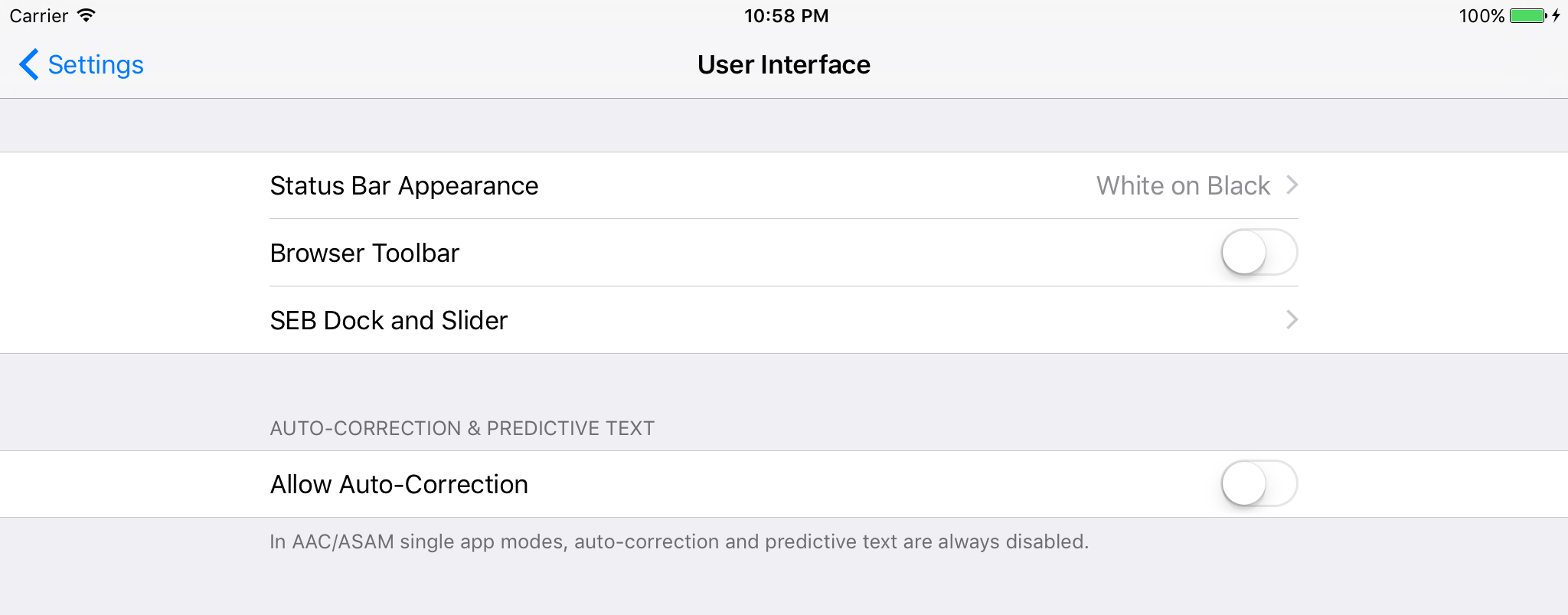SEB Settings in User Interface Section