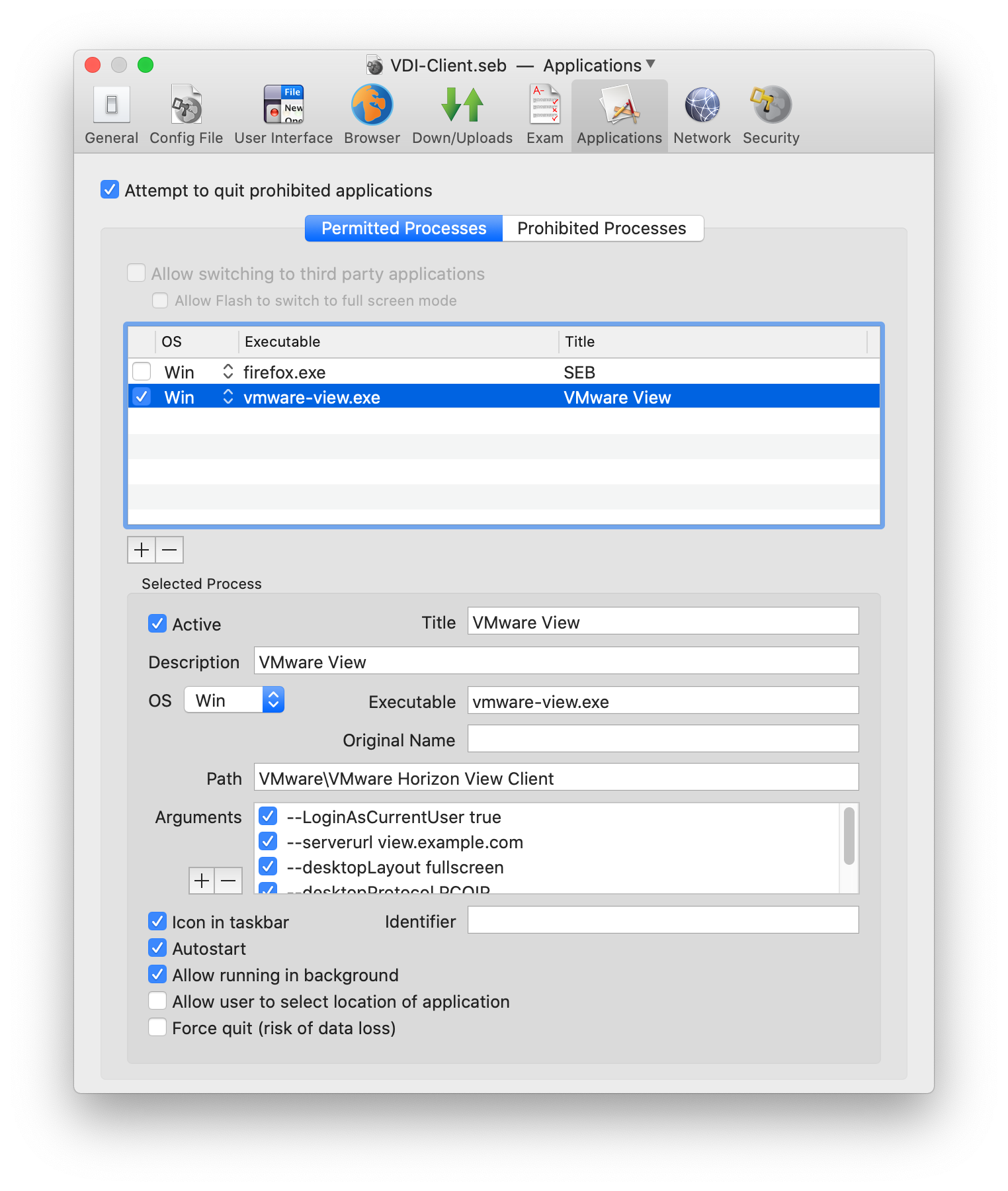 SEB Preferences Window Applications Pane, Permitted Processes Tab