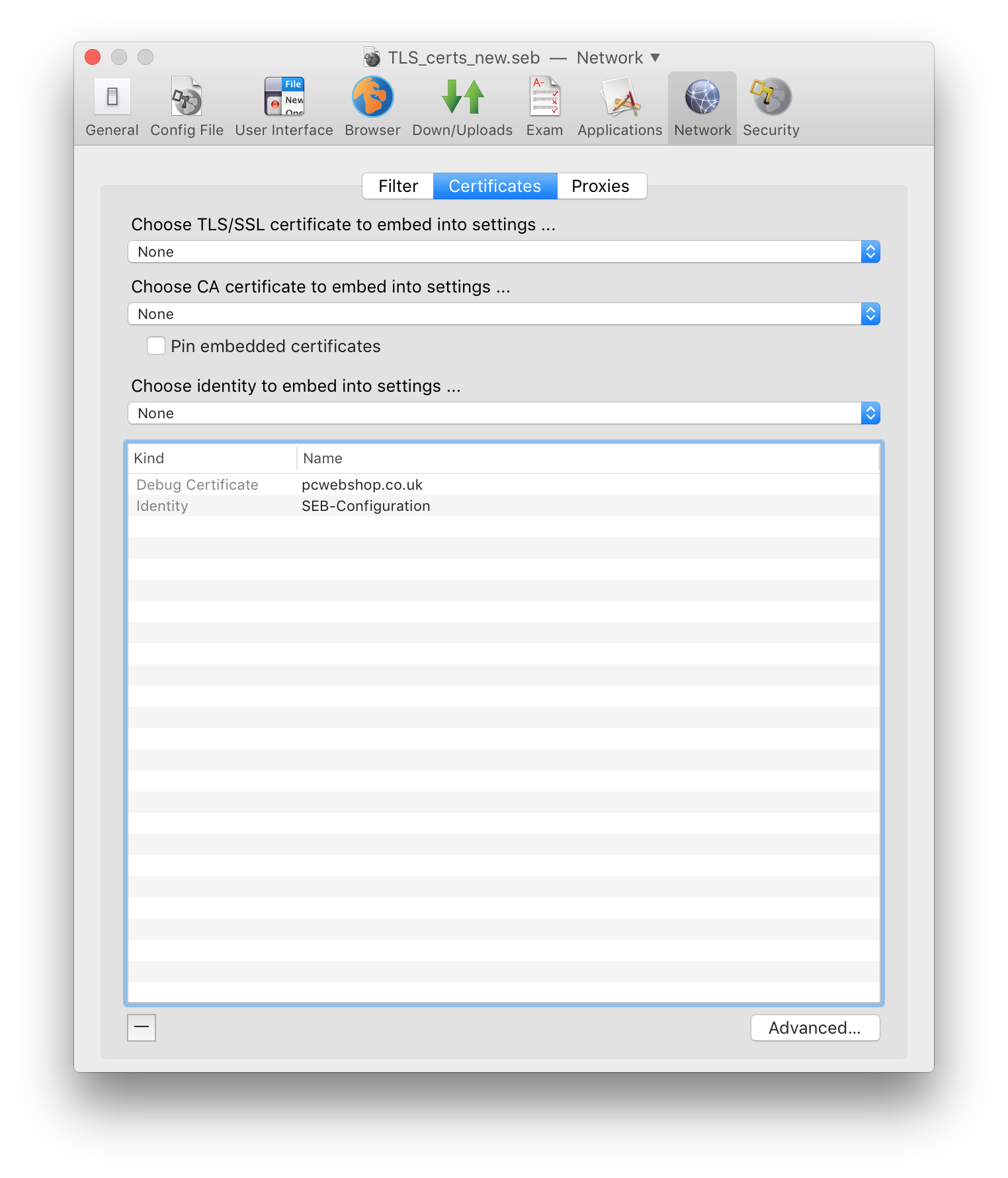 SEB Preferences Window Network Pane, Certificates Tab