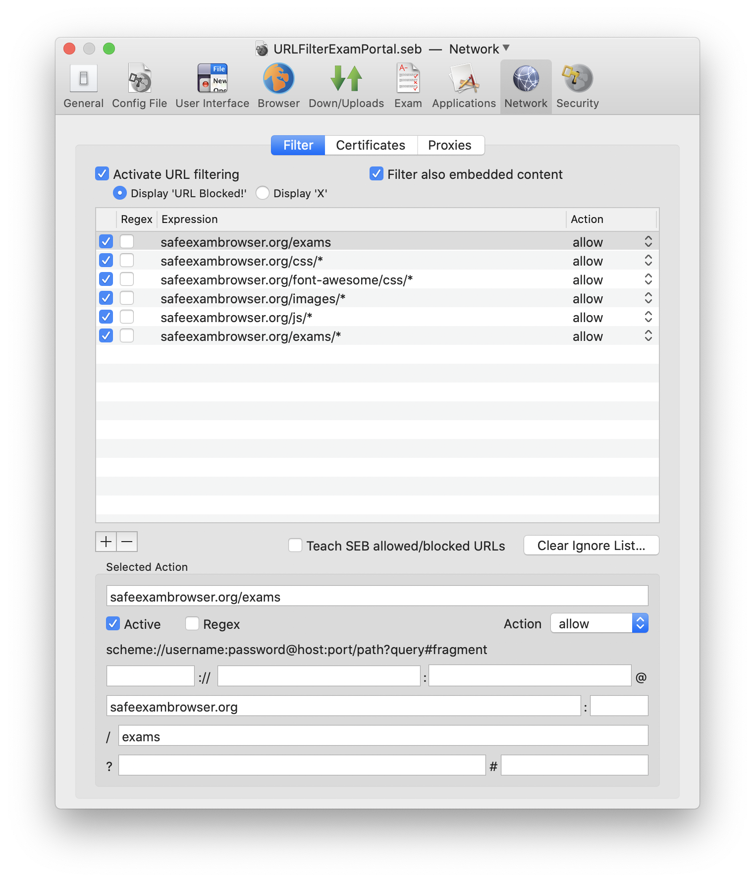 SEB Preferences Window Network Pane, Filter Tab