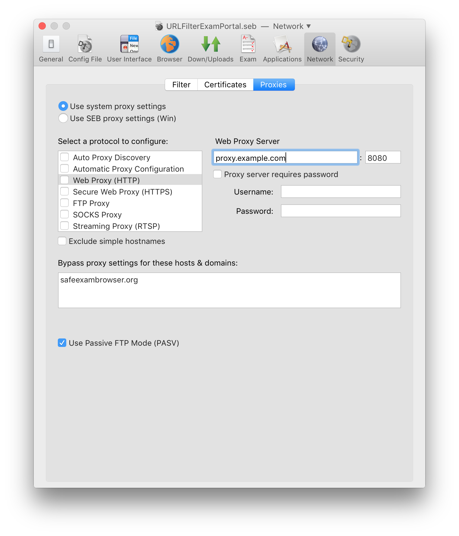 SEB Preferences Window Network Pane, Proxies Tab