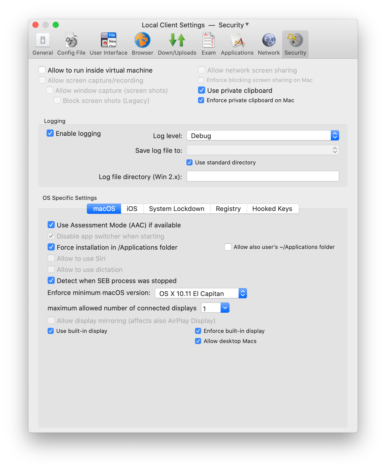 SEB Preferences Window Security Pane, System Lockdown Tab