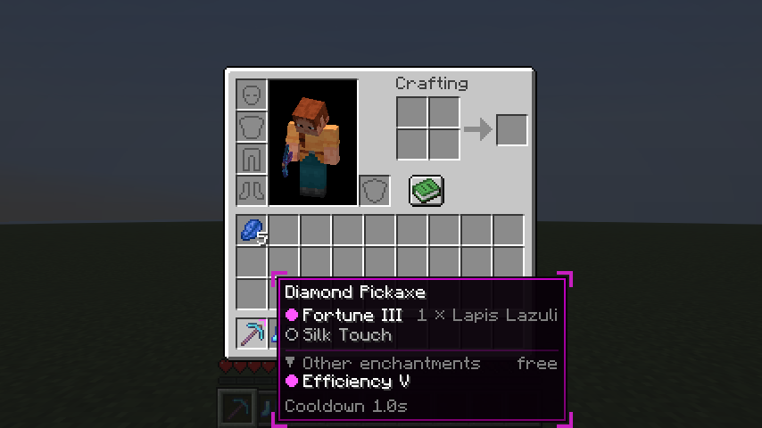 The Adjust panel shows Fortune III active, Silk Touch dormant, and Efficiency V under Other enchantments
