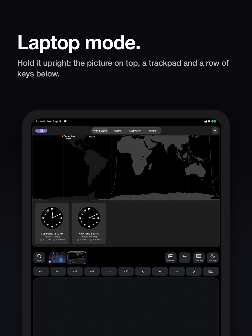 "Laptop mode." An iPad held upright, with the Mac's Clock app on top and Sill's bar, a row of keys and a trackpad below it.
