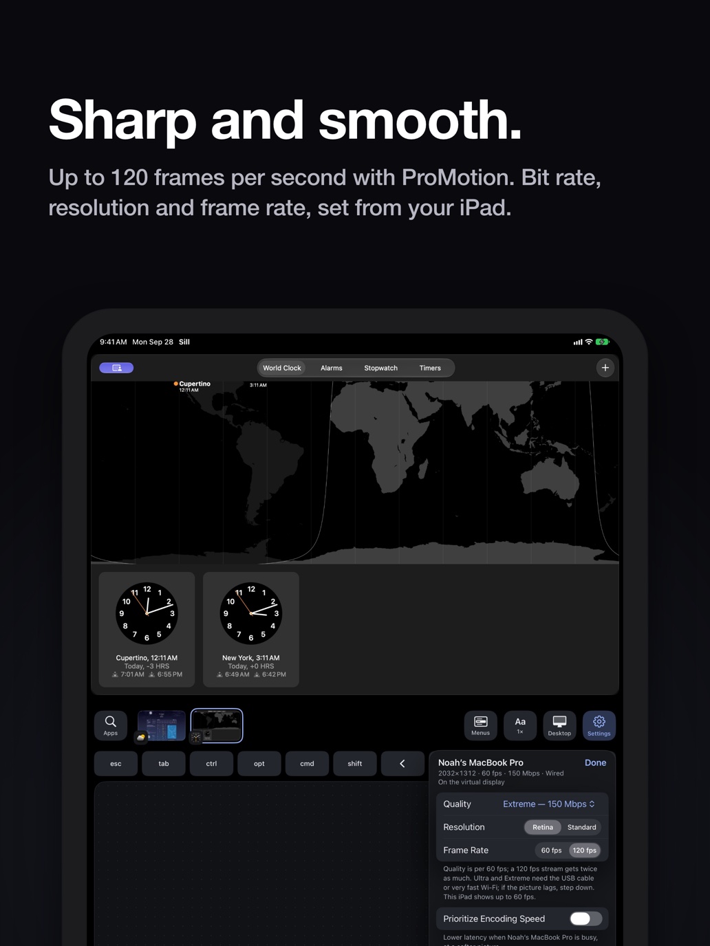 "Sharp and smooth." Sill's Settings panel on an iPad held upright, with the Mac's Quality, Resolution and Frame Rate settings.