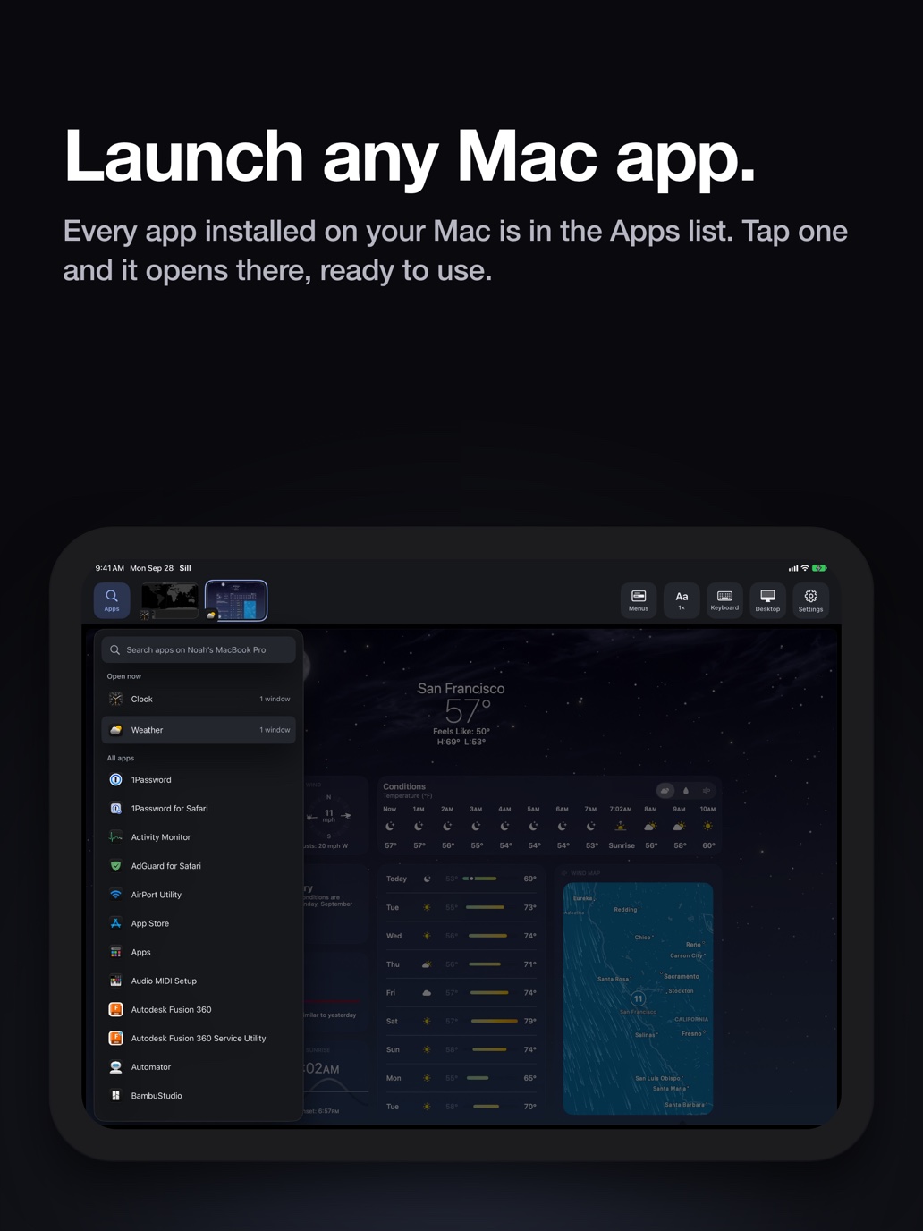 "Launch any Mac app." Sill's Apps list on an iPad held sideways, with a search field, the apps open now and every app installed on the Mac.