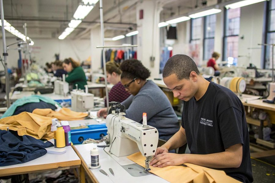 Sewing line producing custom cut and sew garments