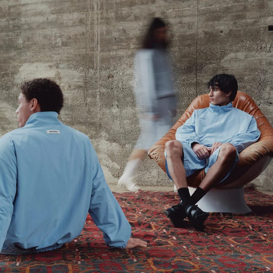 Light blue technical jackets from a cut and sew production run