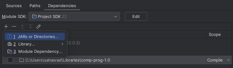 Select the + Icon and click on 1: JARs or Directories, then select the comp-prog-VERSION directory