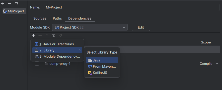 Select the + Icon and click on 2: Library - Java