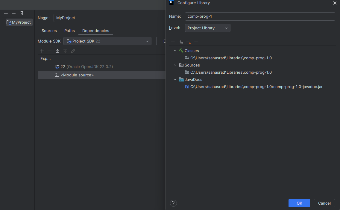 Select the comp-prog-VERSION directory and configure the library with the default selections and optionally the comp-prog-VERSION-javadoc.jar selected as a JavaDocs source