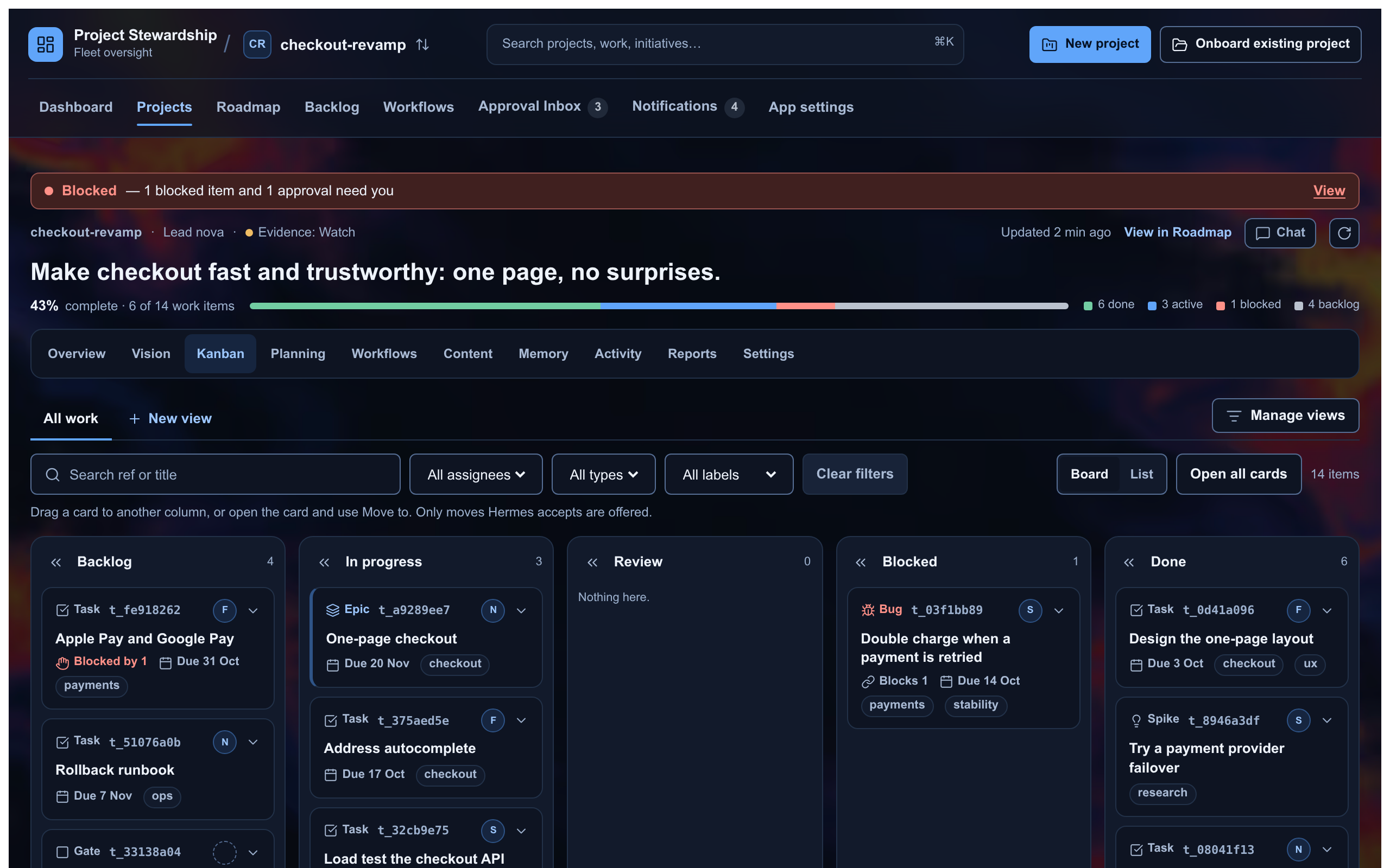 A project's Kanban board: tasks, a blocked bug and a review, linked to a milestone