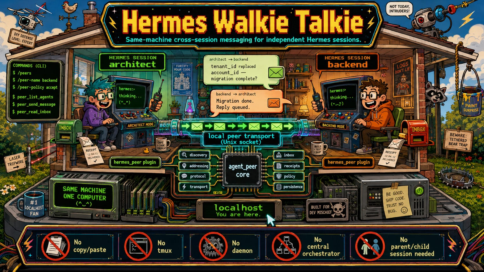 Hermes Walkie Talkie: same-machine cross-session messaging for independent Hermes sessions
