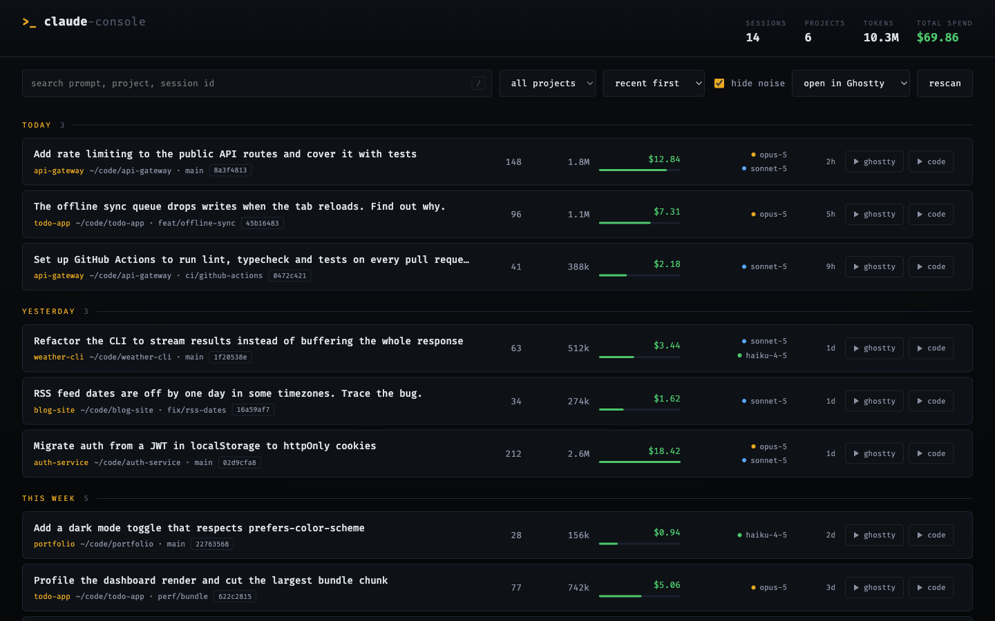 The claude-console dashboard listing sessions grouped by day