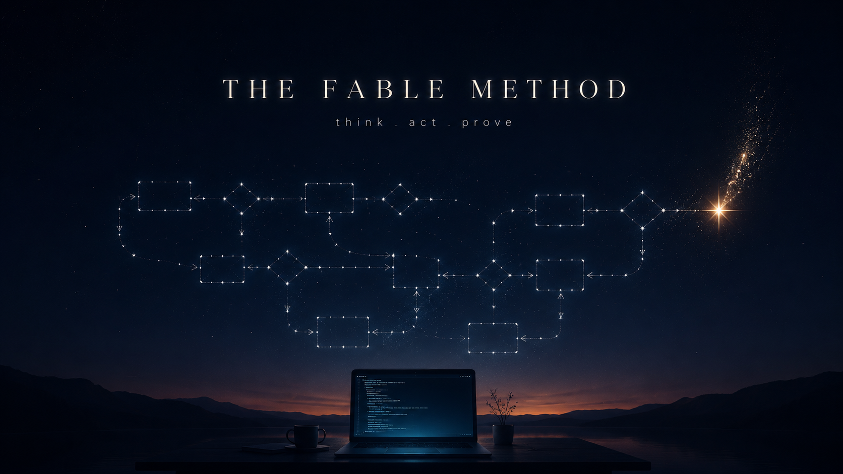 The Fable Method: think, act, prove. A flowchart constellation rising from a terminal into the night sky, one star fading
