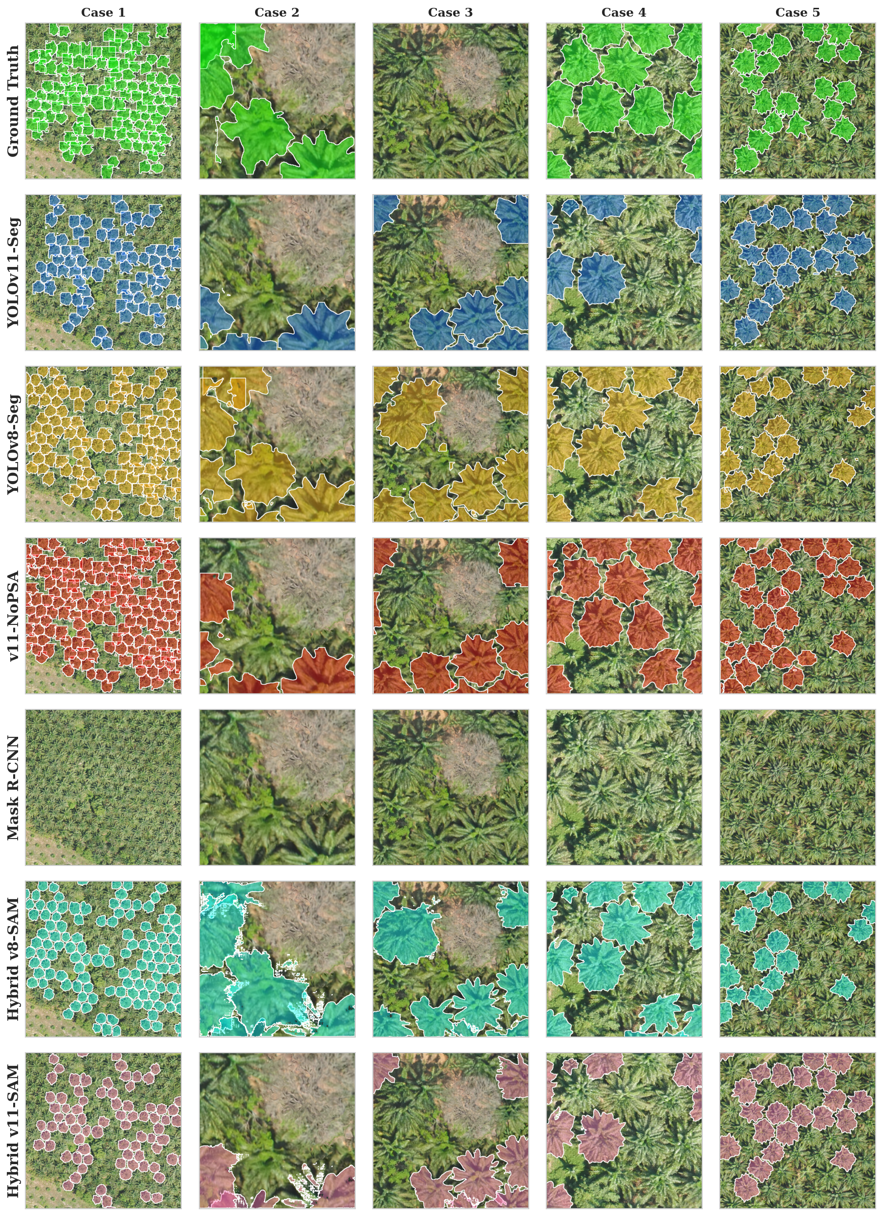 Qualitative comparison of oil palm instance segmentation models