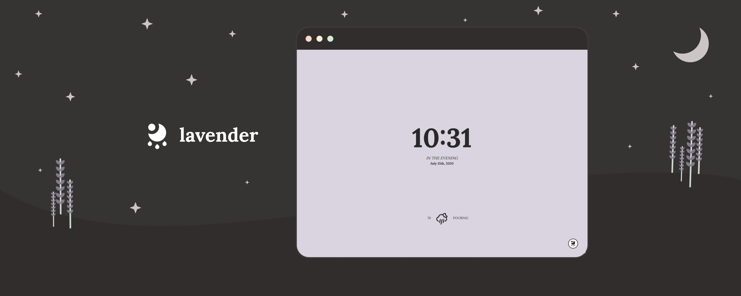 illustration of a starry landscape with a screencap of the lavender app & the lavender logo