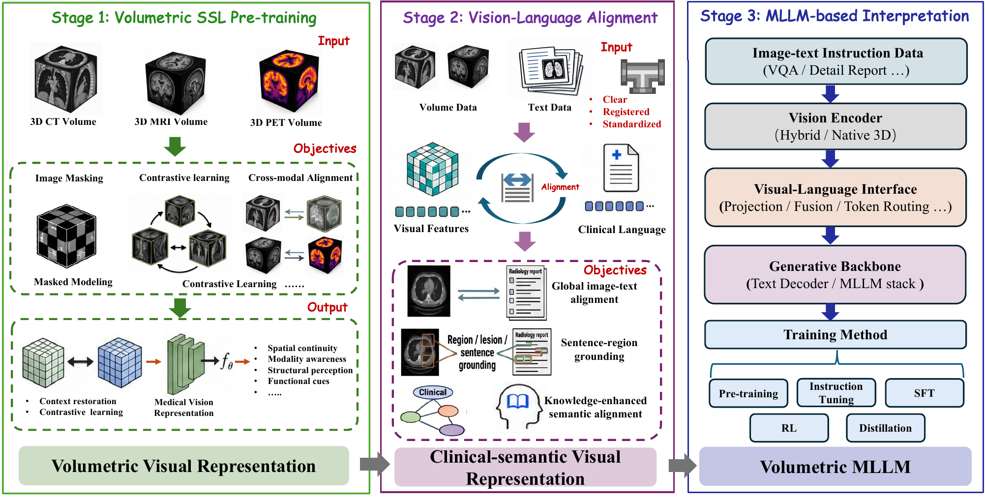 Three-stage landscape of volumetric radiology foundation models