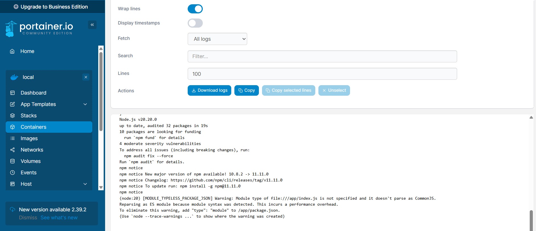 Node.js Container Logs