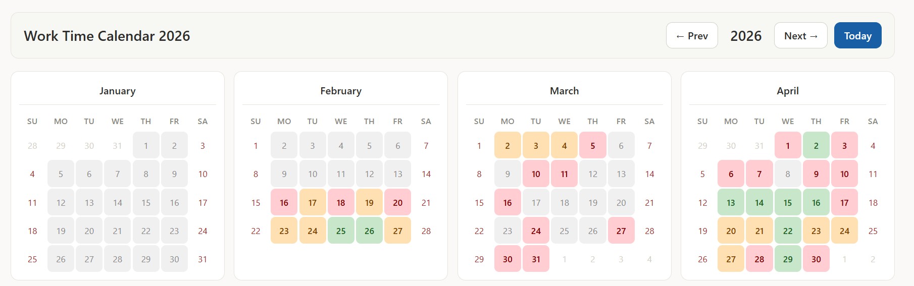 Work Time Calendar