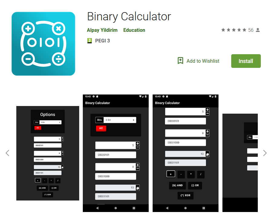 Free Google Play Store Binary Calculator Addition Subtraction Multiplication Division NOT AND OR XOR Mobile (Smartphone)