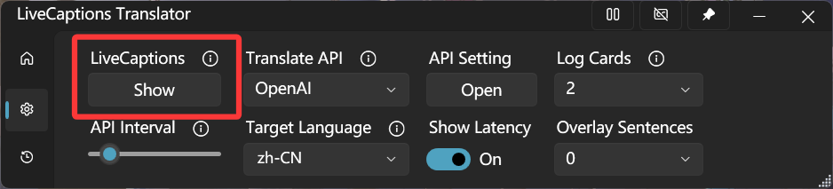 LiveCaptions Show/Hide button