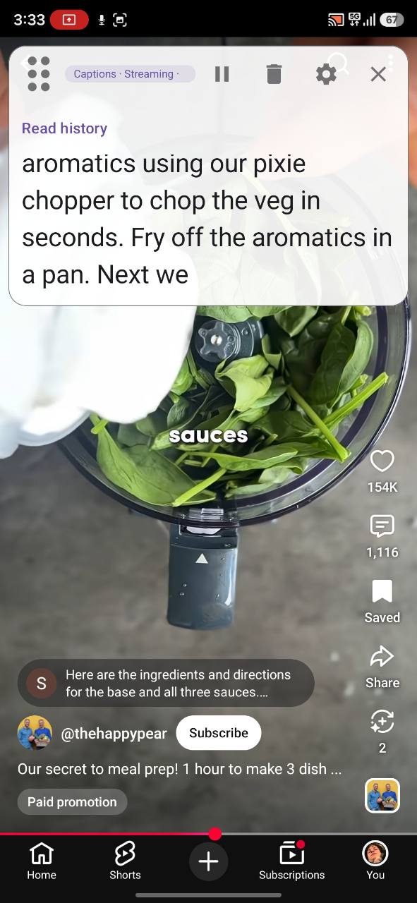 Hearth displaying English captions over a cooking video, with history, pause, clear and settings controls