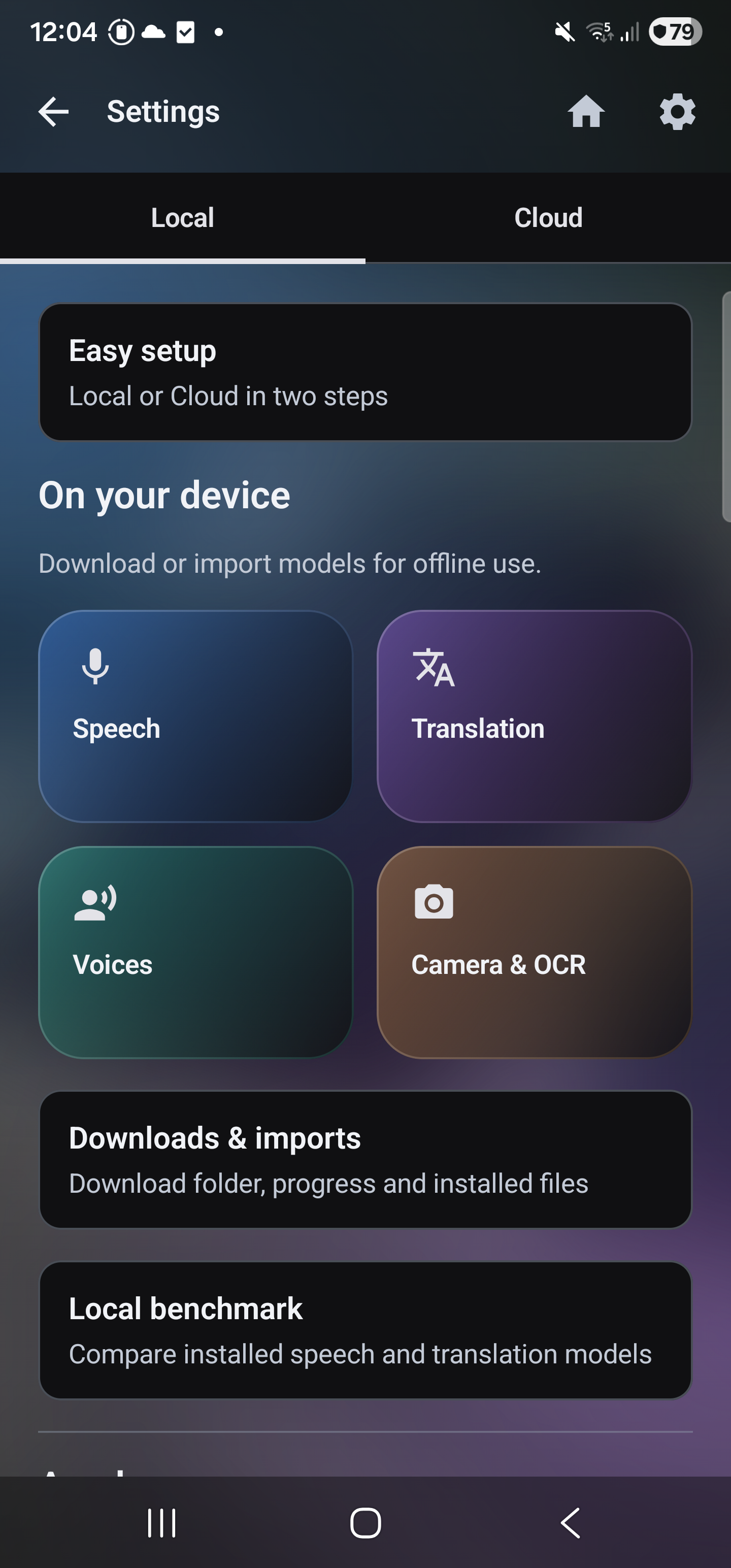 Local and Cloud setup tabs with focused feature settings