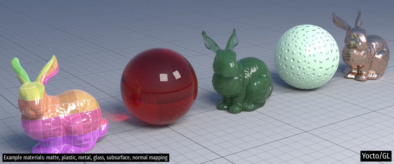 Example materials: matte, plastic, metal, glass, subsurface, normal mapping