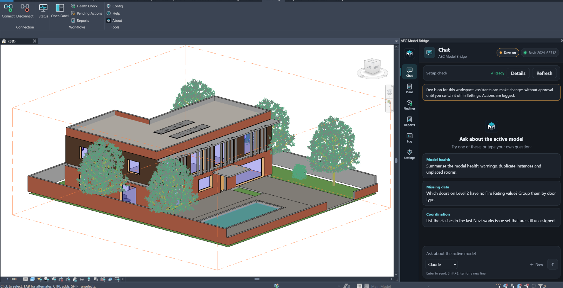 Revit villa model beside the AEC Model Bridge panel with Dev mode enabled.