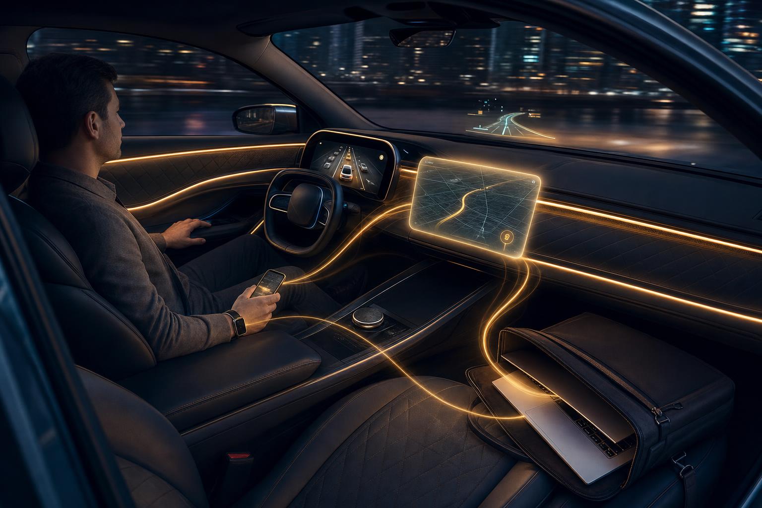 A modern luxury electric vehicle cabin at night in a futuristic concept-car interior. A driver settled in the driver seat with hands off the wheel under semi-autonomous mode. A phone in the lap, a smartwatch on the wrist, a laptop visible in a leather messenger bag on the passenger seat. Soft amber intelligence streams flow from each device into the dashboard, central display, and ambient lighting strip. The instrument cluster shows an overhead ADAS lane visualization. City lights blur softly through the windshield as the vehicle moves under autonomous control.