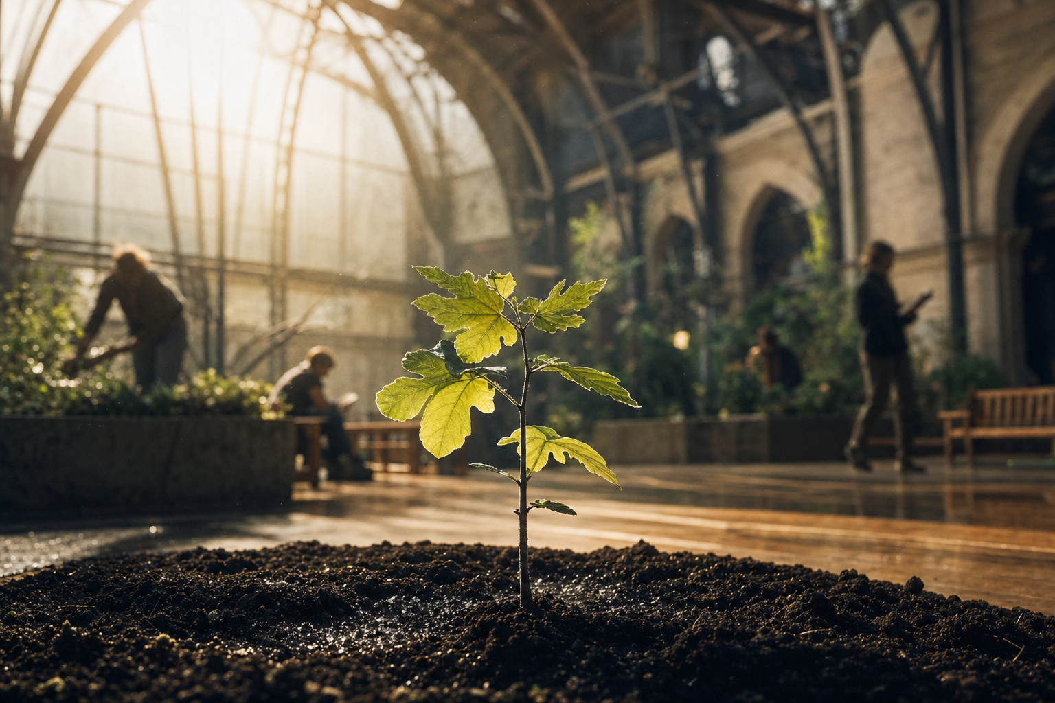 A young oak sapling growing in dark soil at the center of a quiet greenhouse-cathedral. Soft golden light from above. In the soft-focused background, distant figures go about quiet work — a gardener, a person reading, a curator walking past.