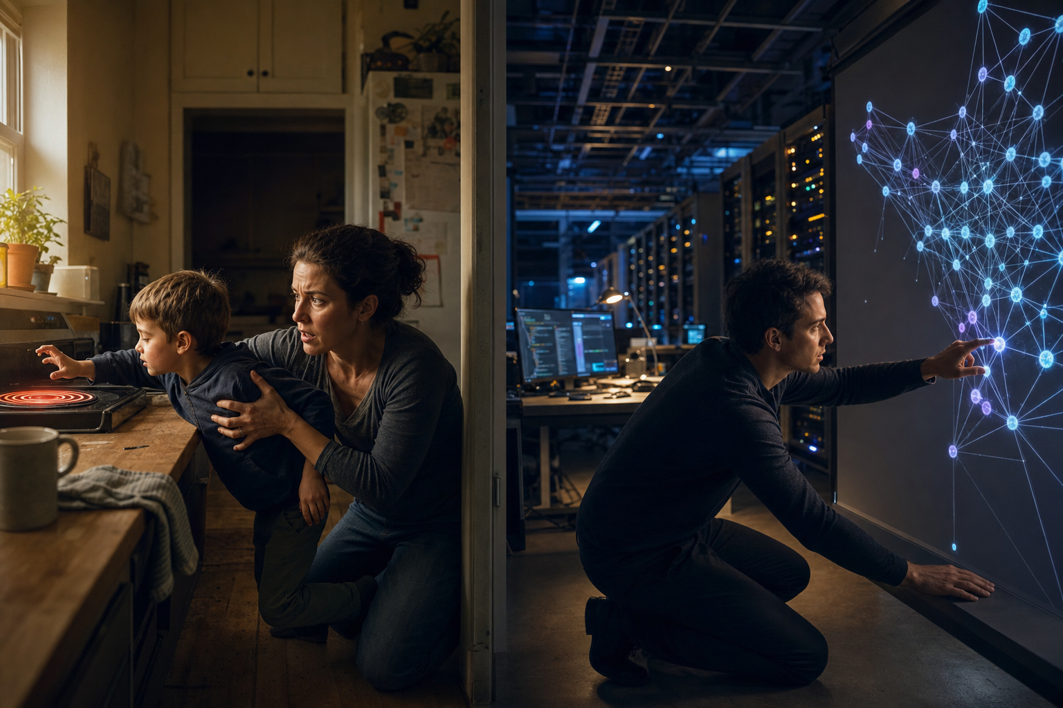 Diptych: on the left, a mother kneels in a warm sunlit kitchen, both hands restraining her young son who reaches toward a glowing stove burner. On the right, in a vast research lab, a male researcher kneels in the same protective posture, hand reaching into a wall-sized neural network visualization to redirect a node.