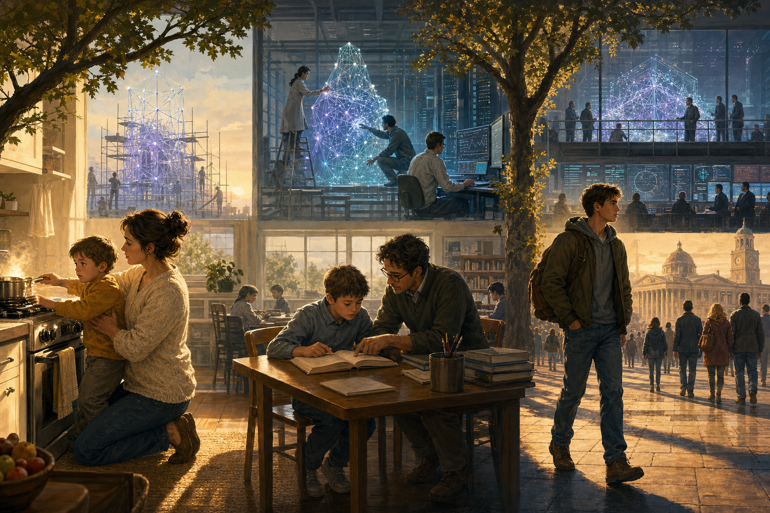 A continuous developmental scene: a child grows from toddler in a parent's arms, through schoolchild with a teacher, to young adult in a civic plaza. Above, an AI passes through three corresponding stages of formation, mirroring each life stage.