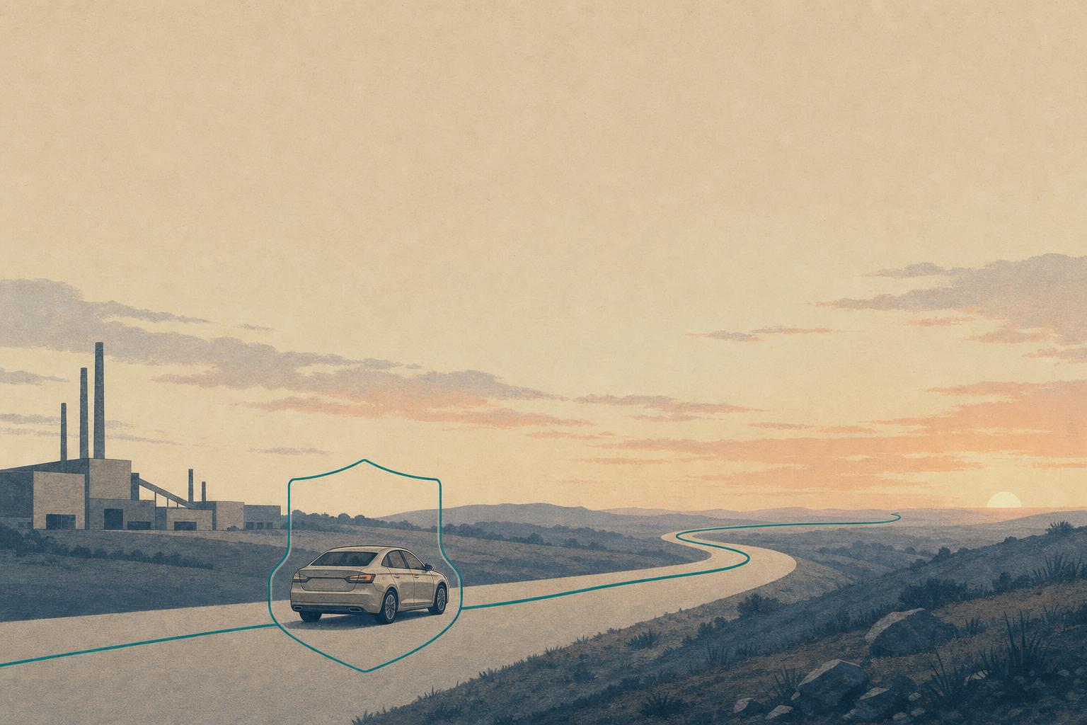 A car drives from a factory toward a distant horizon, cradled by a fine teal protective shield whose line continues along the road to the horizon.
