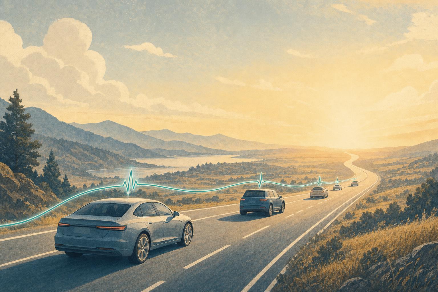 A warm illustration of several cars driving toward a bright dawn, with a continuous teal heartbeat line threading all of them, suggesting every vehicle is continuously monitored and kept safe.
