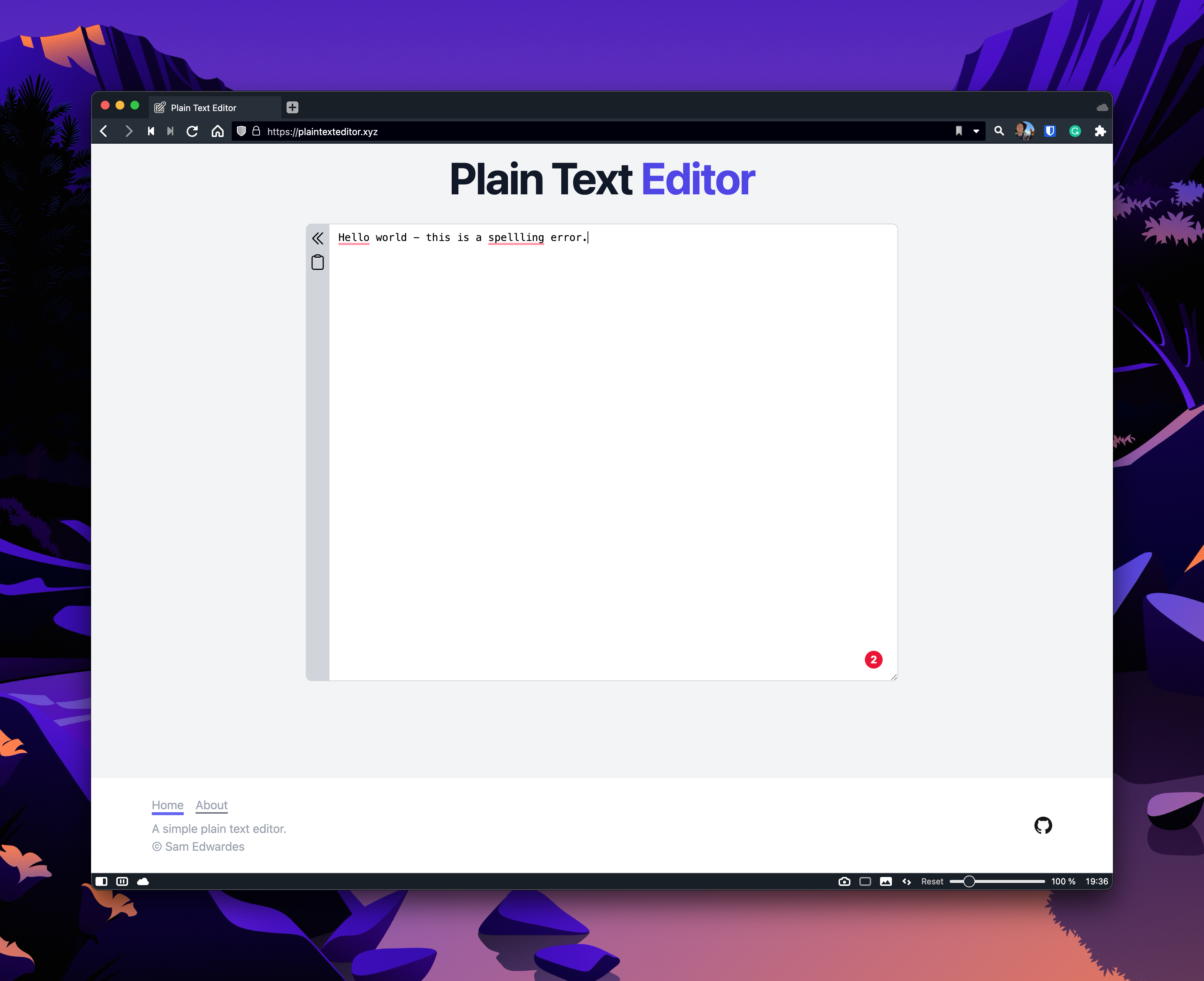 Screenshot of the plain text editor web app with Grammarly closed.