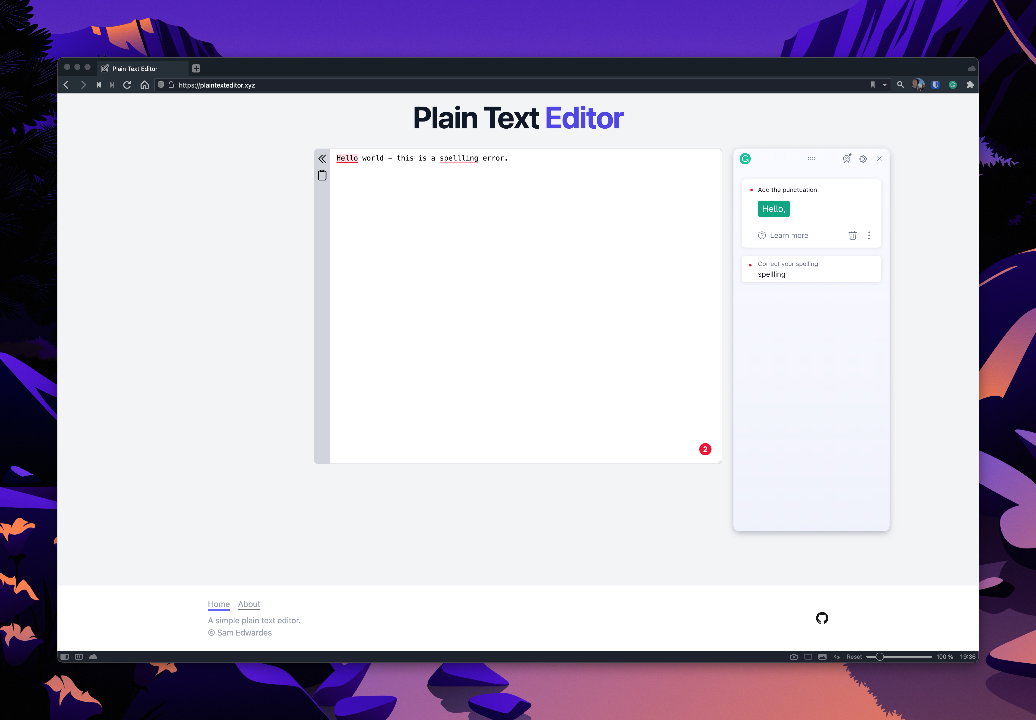 Screenshot of the plain text editor web ap with Grammarly open.