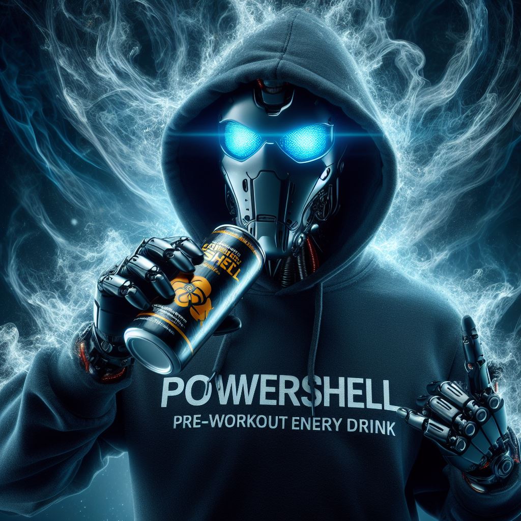 An image generated by Bing Image Creator. Prompt: hooded robot hacker wearing a PowerShell shirt, drinking a powerful energy drink with energy swirling around the cup, surrounded by swirling energy, floating in the air, cinematic, hacker professional photography, studio lighting, studio background, advertising photography, intricate details, hyper-detailed, ultra realistic, 8K UHD, PowerShell