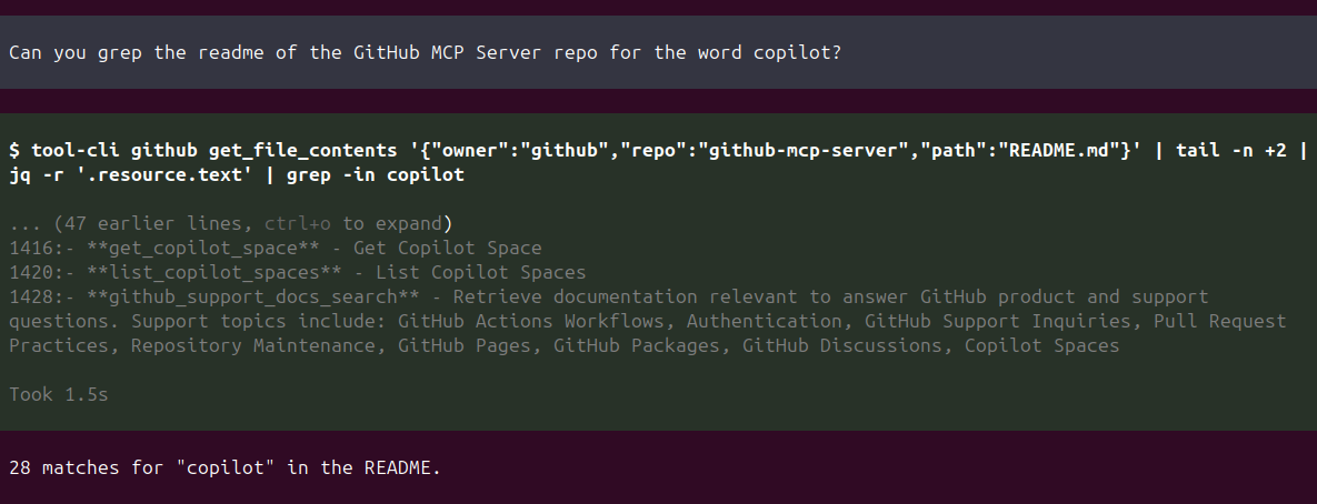 tool-cli in action — progressive discovery piped through grep